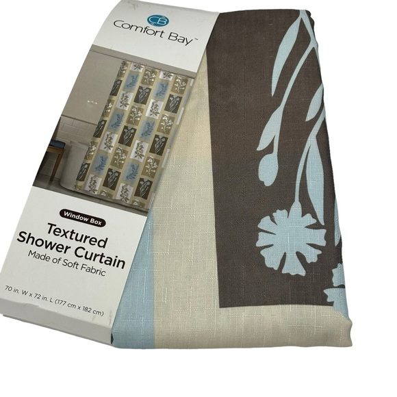 Tiffany Blue & Brown Floral Textured Fabric Shower Curtain 70”X72” NEW Washable - Picture 3 of 6